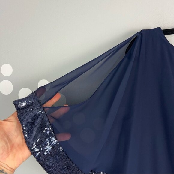 Xscape Navy Sequin Capelet Dress Size 12 Chiffon Asymmetrical Formal Cocktail - Picture 3 of 7